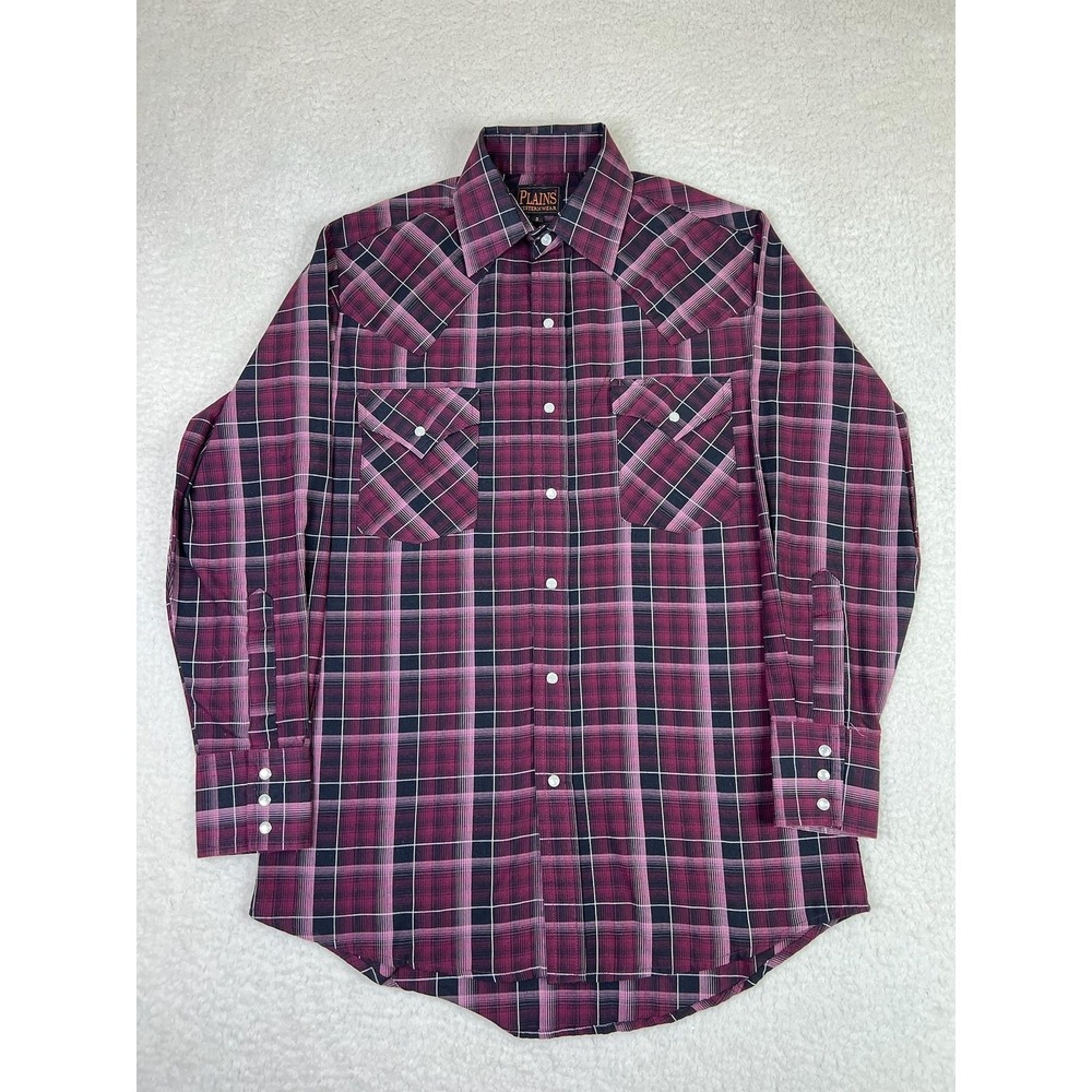 Plains Western Wear Shirt Mens Small Red Plaid Pearl Snap Long Sleeve Button Up